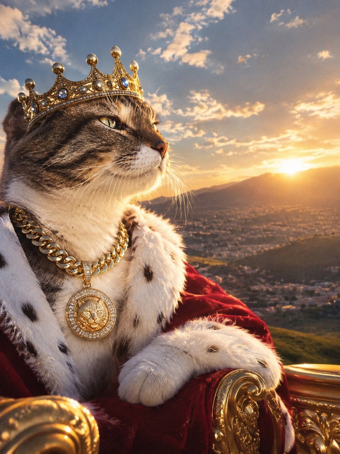 Billionaire Cat — a tabby in a jewelled crown, ermine robe and gold chain, gazing at the sunset over his city